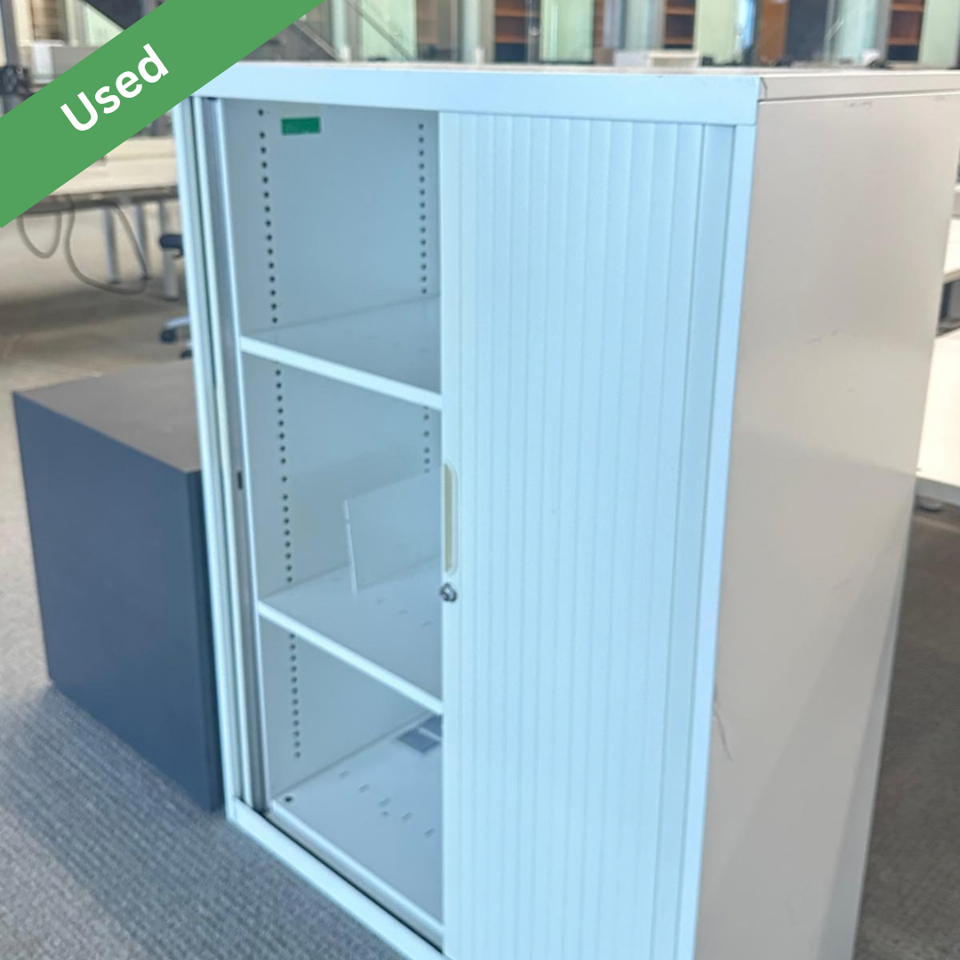 Used tambour storage cabinet with sliding doors and shelves